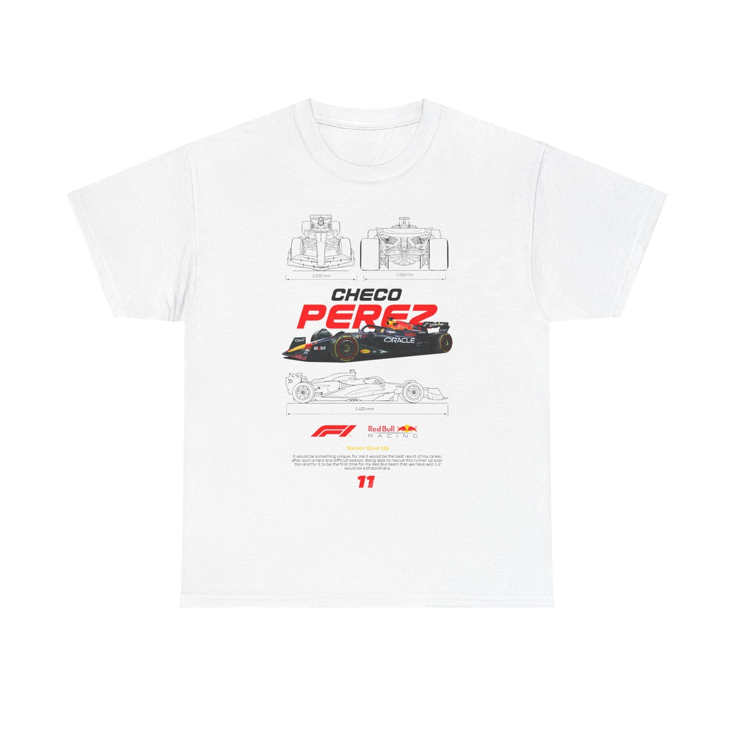 Luxurious white t-shirt showcasing an intricate graphic design of a Formula 1 racing car. The design features vibrant illustrations and technical schematics highlighting the engineering details. Bold typography displays 'CHECO PEREZ' prominently, accompanied by motivational messages, blending style with the spirit of high-speed motorsport.