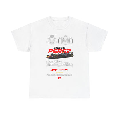 Luxurious white t-shirt showcasing an intricate graphic design of a Formula 1 racing car. The design features vibrant illustrations and technical schematics highlighting the engineering details. Bold typography displays 'CHECO PEREZ' prominently, accompanied by motivational messages, blending style with the spirit of high-speed motorsport.
