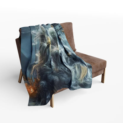 Decorative and Warm Halloween Spooky Arctic Fleece Blanket elegantly draped over a stylish armchair, creating an inviting atmosphere for Halloween gatherings.