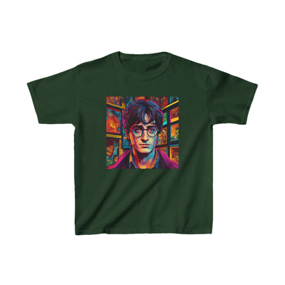 Kids Harry Potter Heavy Cotton Tee in deep green showcasing a vivid design of a young wizard, perfect for every young magic enthusiast.