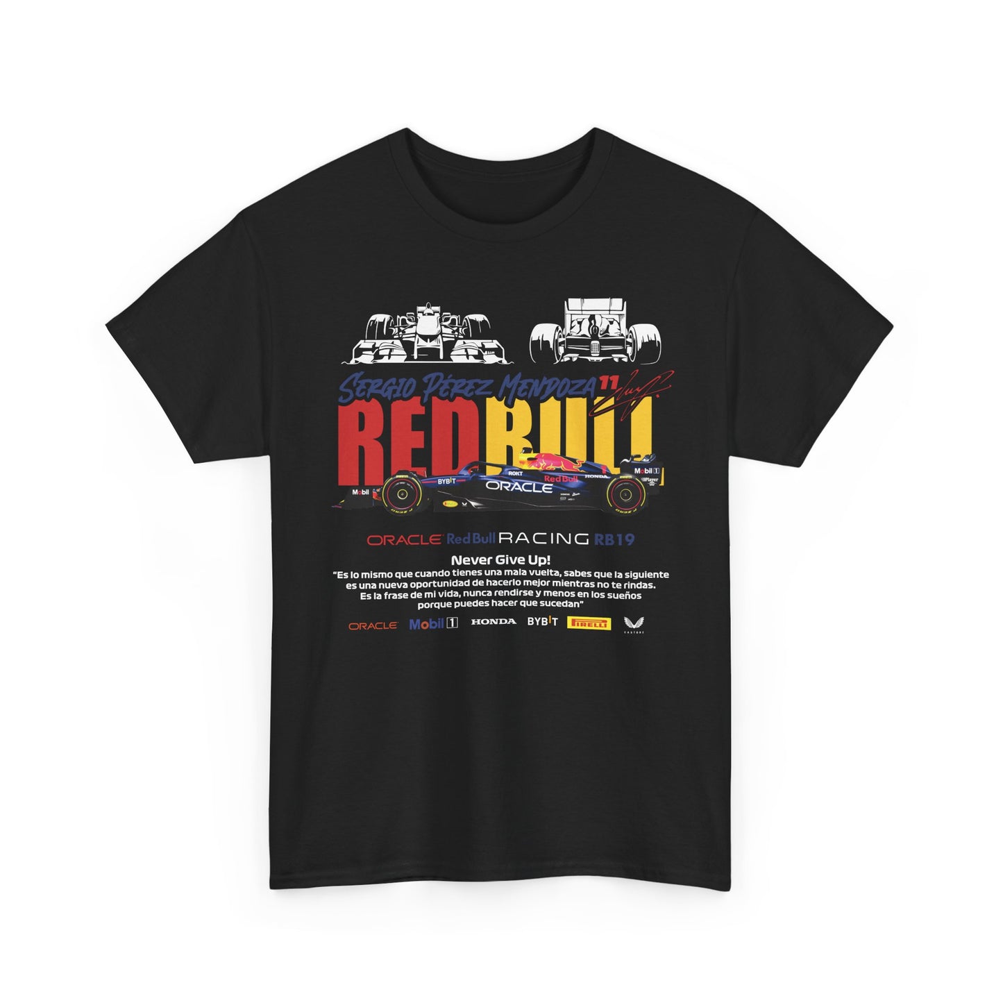 Men's luxury black Red Bull Racing RB19 t-shirt featuring Sergio Pérez's name and inspirational quotes alongside a stunning graphic of the RB19 car, perfect for motorsport enthusiasts.