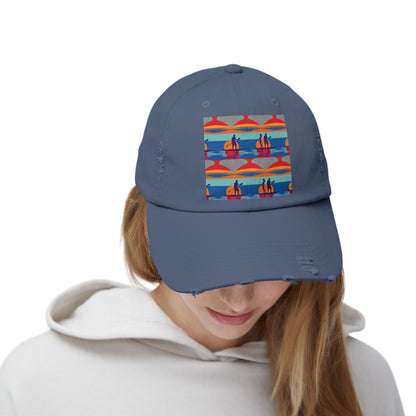 Unisex distressed cap featuring a vibrant fantasy paddleboarding scene, ideal for adventurous water lovers, elegantly styled for comfort and sun protection.