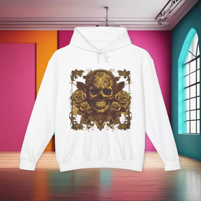 Unisex Lightweight Hooded Sweatshirt adorned with an exclusive designer skull and roses motif, presented against a pristine white backdrop for a touch of elegance.