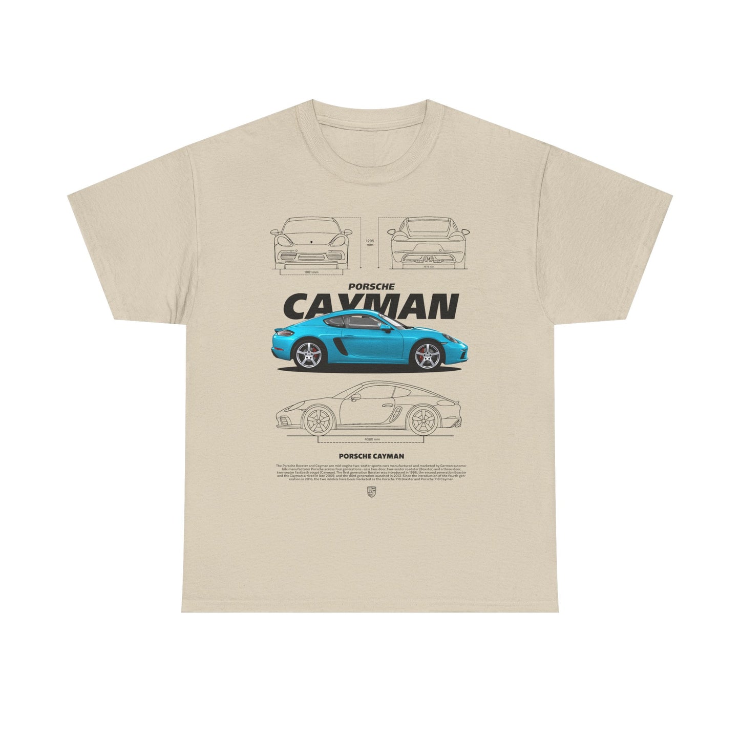 Chic beige t-shirt adorned with a captivating graphic of the Porsche Cayman, featuring meticulous design elements and informative text, designed for those who appreciate luxury fashion.