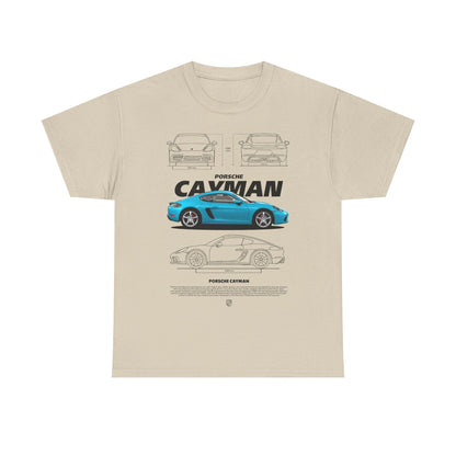 Chic beige t-shirt adorned with a captivating graphic of the Porsche Cayman, featuring meticulous design elements and informative text, designed for those who appreciate luxury fashion.