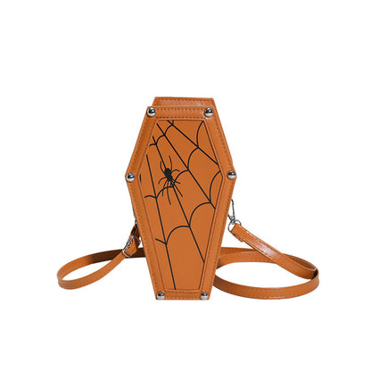 Chic Halloween Coffin-shape Shoulder Bag in an elegant orange hue with spider web detailing, perfect for adding a gothic touch to any outfit.