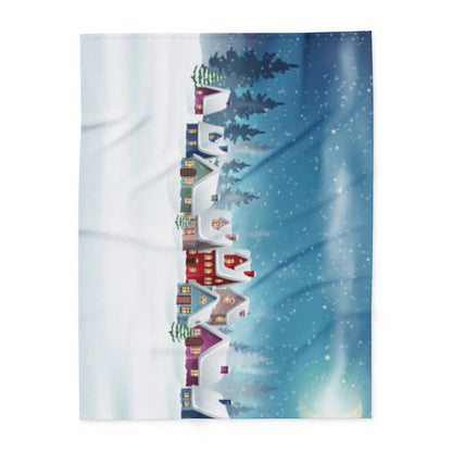 Elegant Decorative and Warm Christmas Arctic Fleece Blanket adorned with a beautiful winter-themed design, depicting a serene village under falling snow.