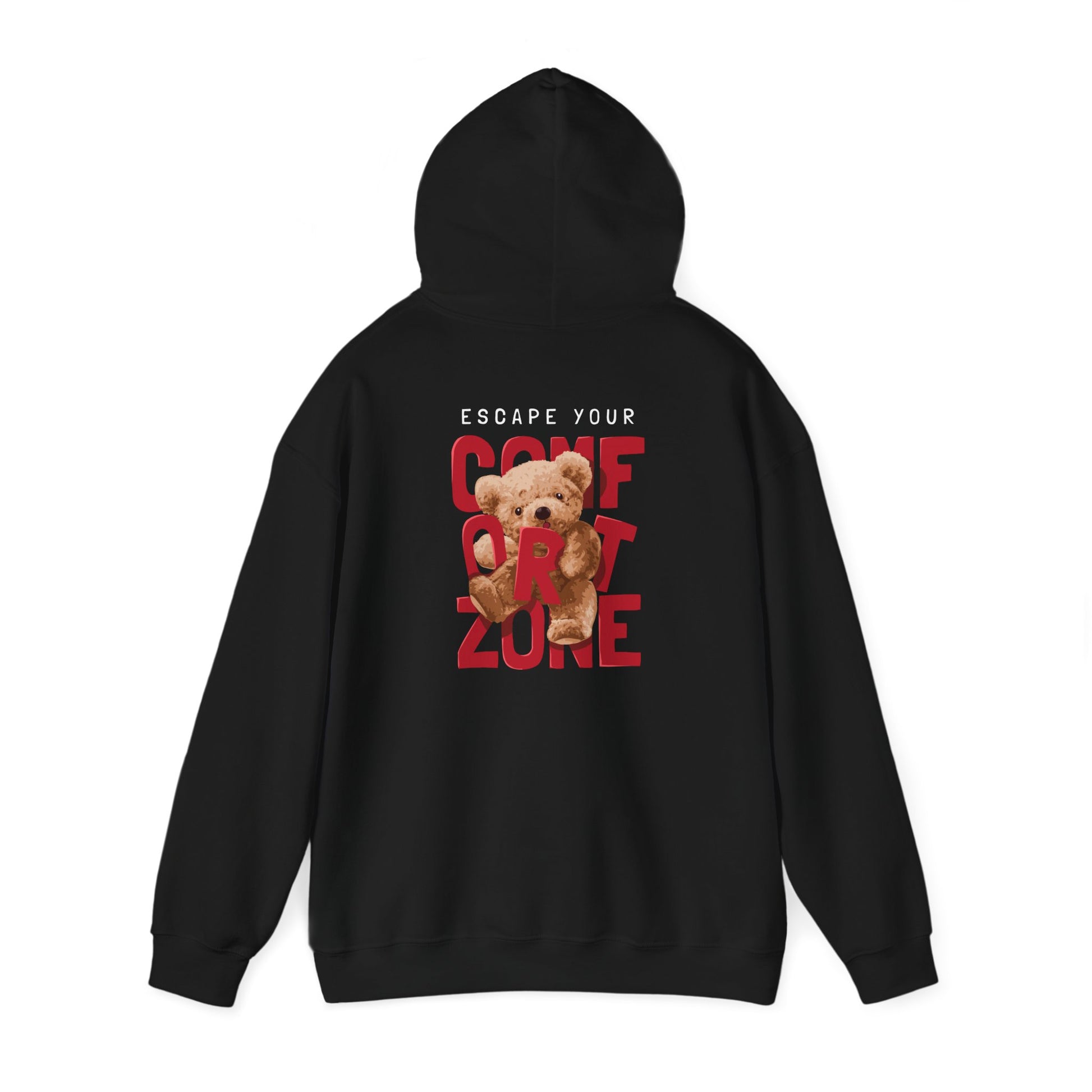Sophisticated black hoodie adorned with an artistic back design, 'ESCAPE YOUR COMFORT ZONE' accompanied by a delightful teddy bear, blending motivation and style.