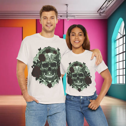 Stylish couple wearing the Skulls and Roses Cotton Tee, a luxurious unisex graphic shirt with a captivating skull design, set against a colourful backdrop, ideal for standout alternative fashion.