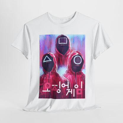 Luxurious Squid Game-inspired unisex graphic t-shirt featuring playful artistic renderings of iconic masked figures, set against a vibrant abstract background, perfect for urban fashion enthusiasts.