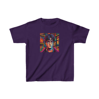 Kids Harry Potter Heavy Cotton Tee in luxurious purple showcasing a vibrant illustration of a young wizard, ideal for budding fans of the magical world.