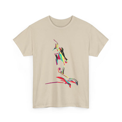 Chic beige cotton t-shirt adorned with a colourful graphic depiction of a woman's silhouette, embodying a sense of humour and unique style for the discerning fashion enthusiast.