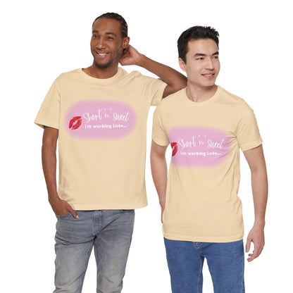 Sabrina Carpenter Inspired Unisex Short Sleeve Tee with Vibrant Lipstick Print, worn by two models, showcasing a stylish and comfortable design, perfect for fans and fashion enthusiasts.