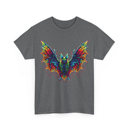 Radiant Evolution Bat Tee unisex cotton t-shirt front view in dark grey, featuring an eye-catching colourful bat illustration, perfect for showcasing individuality and style.