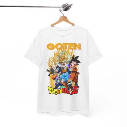 Sophisticated GOTEN T-shirt from Dragon Ball Z displayed on a hanger, highlighting its eye-catching design and premium fabric.