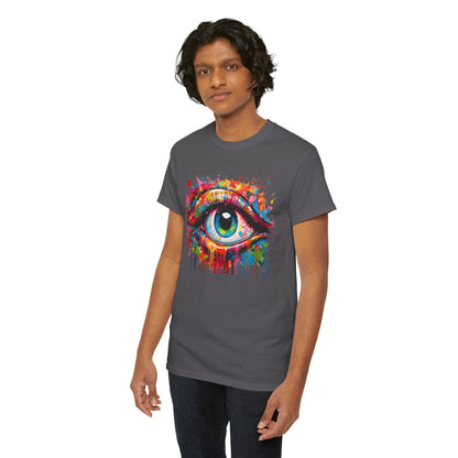 Close-up of a model wearing the Visionary Drip Graphic Unisex T-Shirt, showcasing the intricate eye illustration with bright hues, embodying stylish sophistication.