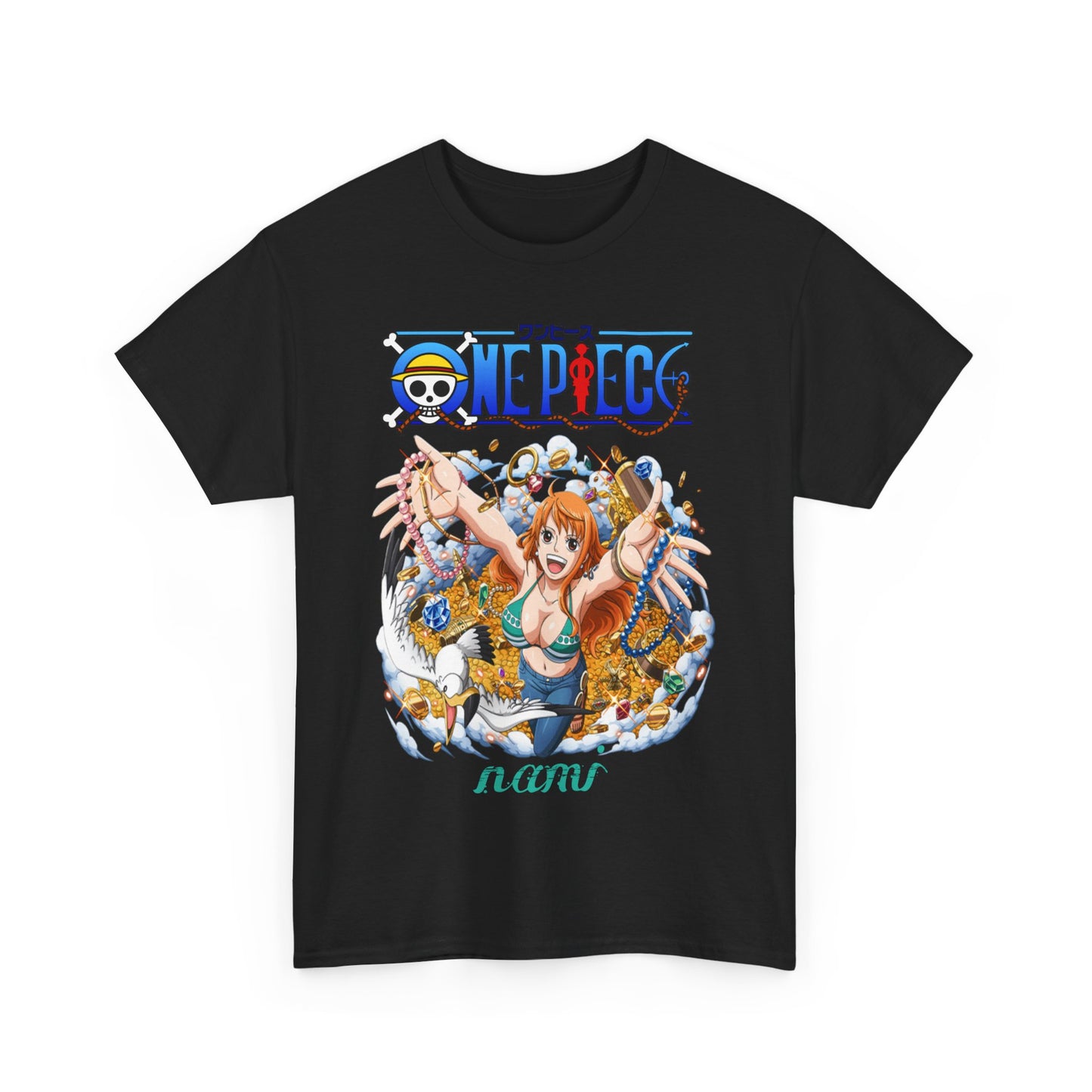 Refined black men's t-shirt featuring Nami from One Piece, highlighted by vibrant treasure illustrations, ideal for showcasing anime passion with sophistication.