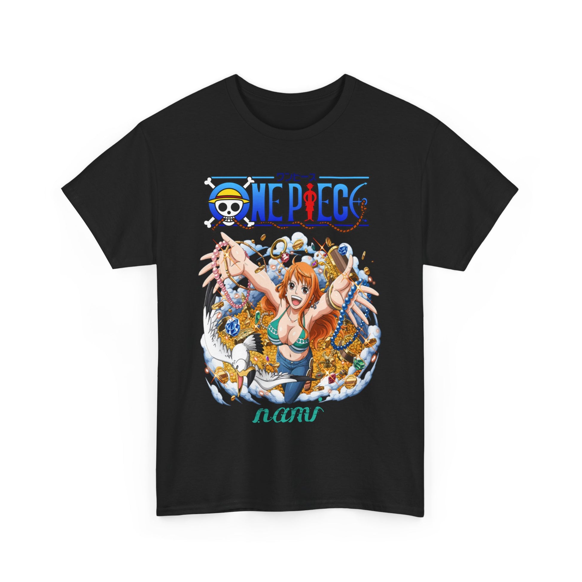 Refined black men's t-shirt featuring Nami from One Piece, highlighted by vibrant treasure illustrations, ideal for showcasing anime passion with sophistication.