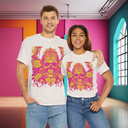 A stylish couple showcasing the Skulls and Roses Cotton Tee, a luxurious unisex graphic shirt available in seven vibrant colours, set in a modern, artistic background.