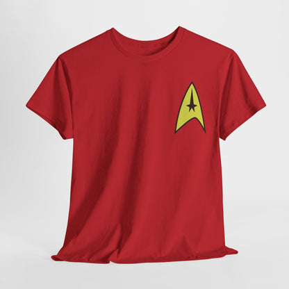 Premium Star Trek Starfleet uniform unisex T-shirt, showcasing a vibrant red fabric with a striking yellow Starfleet insignia graphic on the upper chest, perfect for stylish fans of sci-fi.