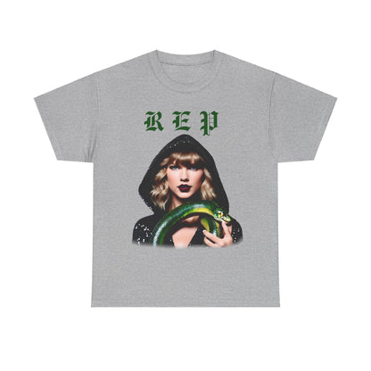 Taylor Swift Reputation Era unisex cotton t-shirt in grey featuring a striking design with Taylor Swift in a hooded outfit holding a green snake, ideal for Swifties. Available in 8 colours.