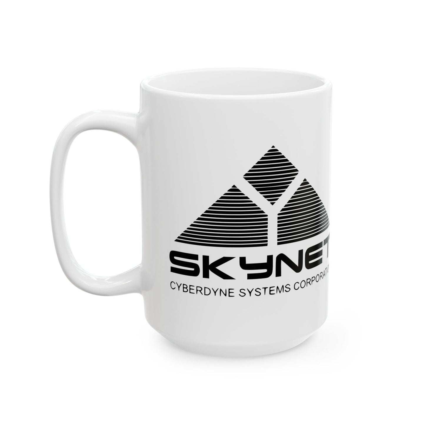 Skynet Cyberdyne Systems Logo Terminator Retro Image Ceramic Mug set against a futuristic backdrop, perfect for sipping coffee while plotting against machines. Embrace your inner rebel!