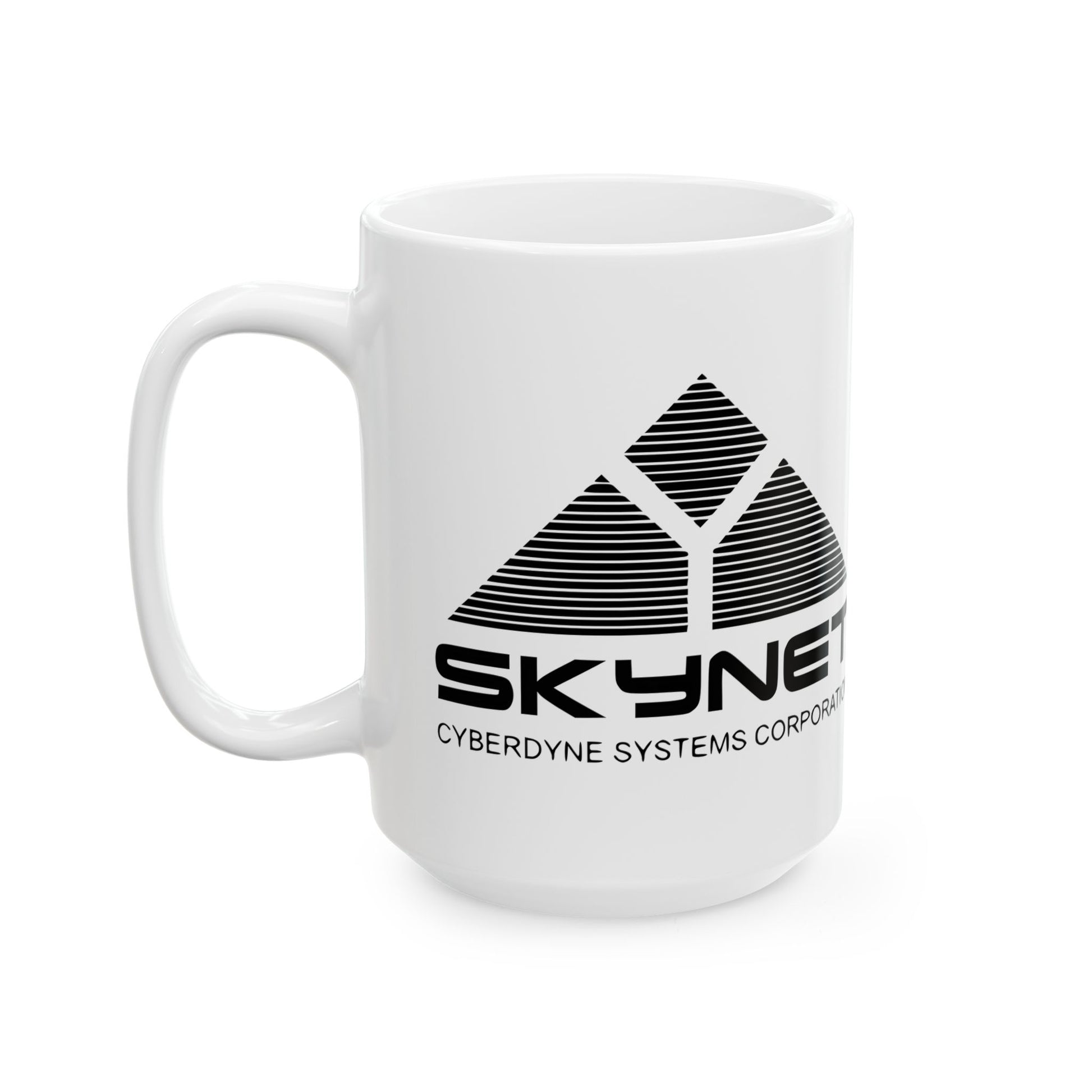 Skynet Cyberdyne Systems Logo Terminator Retro Image Ceramic Mug set against a futuristic backdrop, perfect for sipping coffee while plotting against machines. Embrace your inner rebel!