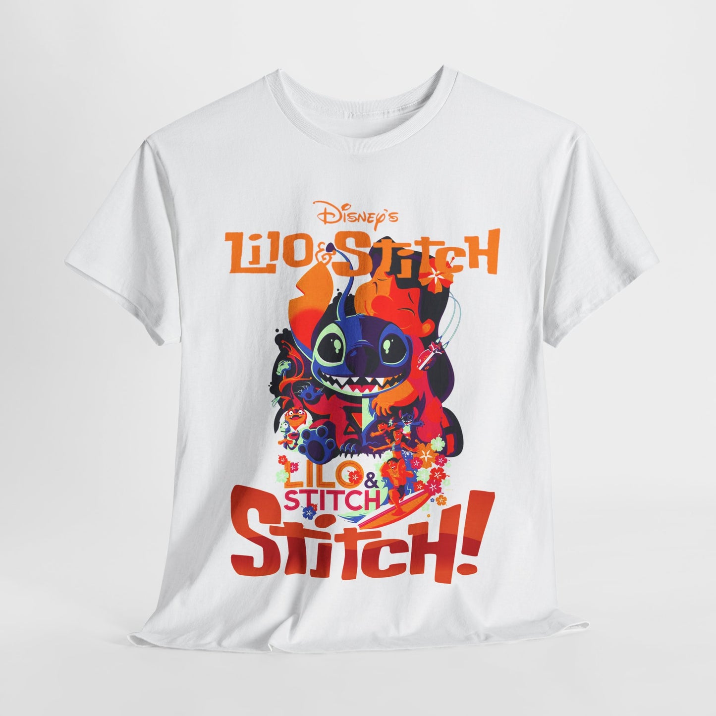 Exquisite Lilo & Stitch graphic t-shirt in white, featuring a vibrant design of Stitch and Lilo surrounded by colourful flowers and bold typography, perfect for nostalgic Disney fans.