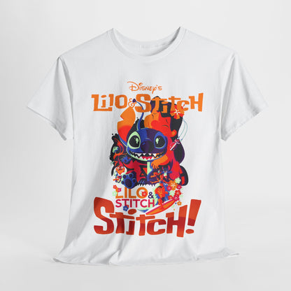 Exquisite Lilo & Stitch graphic t-shirt in white, featuring a vibrant design of Stitch and Lilo surrounded by colourful flowers and bold typography, perfect for nostalgic Disney fans.