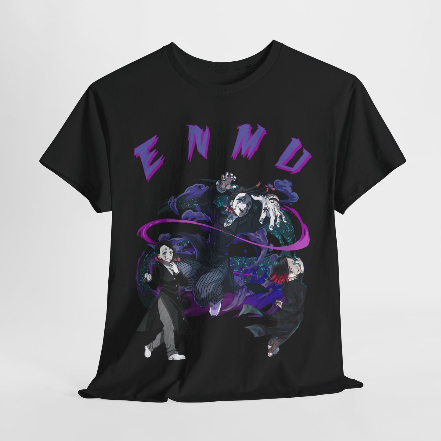 Luxurious black Demon Slayer T-shirt featuring dynamic anime-inspired artwork of Enmu and powerful characters, accented with vibrant purple lettering and abstract motifs.