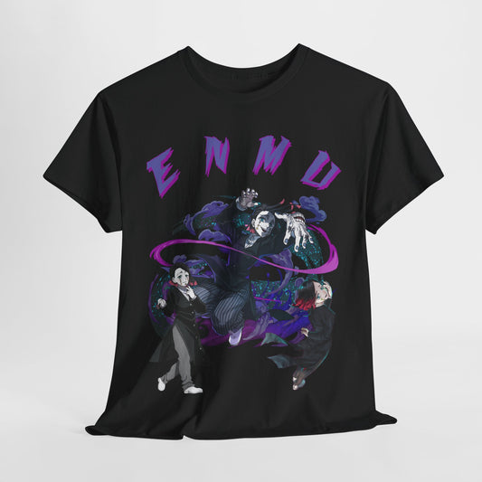 Luxurious black Demon Slayer T-shirt featuring dynamic anime-inspired artwork of Enmu and powerful characters, accented with vibrant purple lettering and abstract motifs.
