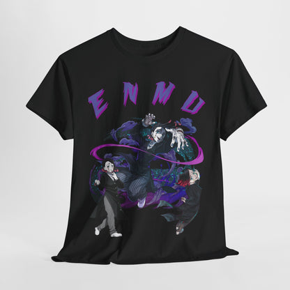 Close-up of a black graphic T-shirt adorned with the bold 'ENMU' design, illustrating dynamic characters from Demon Slayer, ideal for stylish anime aficionados.