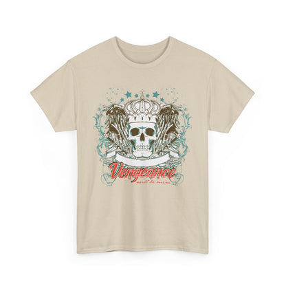 Front view of a stylish beige men's graphic T-shirt featuring a prominent skull design crowned with intricate embellishments and the phrase 'Vengeance will be mine'.