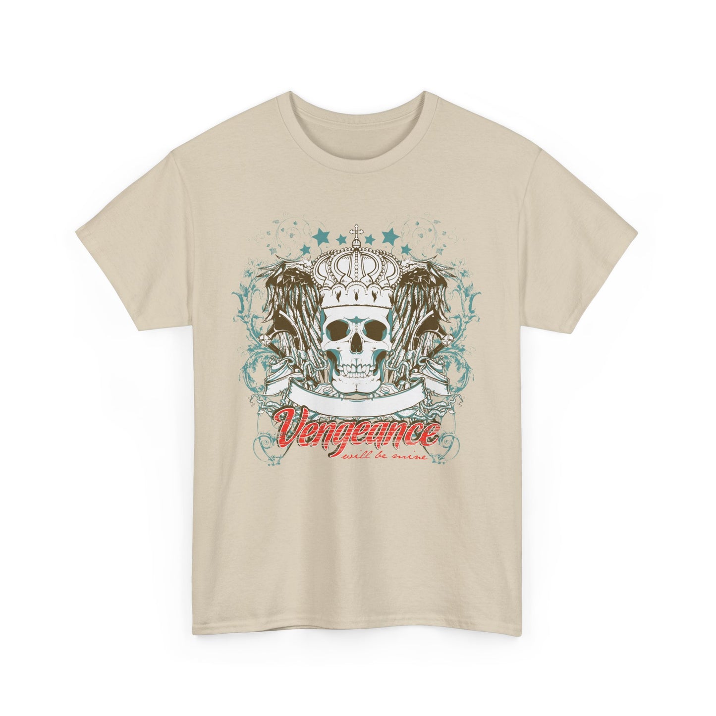 Luxurious cream men's graphic tee featuring an intricate skull design adorned with an ornate crown and dramatic wing elements, accentuated by the word 'Vengeance' in striking red script, perfect for bold fashion statements.