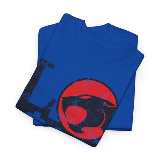 Elegant stack of two Thundercats Love Unisex T-Shirts in vibrant blue, showcasing the distinctive 'LOVE' typography and Thundercats logo, a must-have for distinguished fans of luxury streetwear.