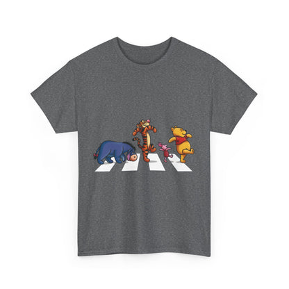 Front view of Pooh and Friends Abbey Road Graphic T-Shirt featuring iconic characters walking in a stylish urban design, perfect for adding a playful touch to your luxury streetwear collection.