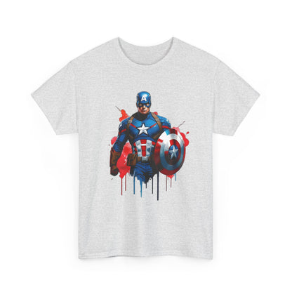 Luxury Captain America Graphic Tee - Unisex Cotton T-Shirt showcasing a striking comic illustration of Captain America with a vibrant splash of red, embodying heroism and style.
