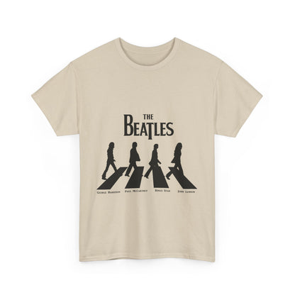 Front view of The Beatles unisex cotton graphic tee showcasing the iconic Abbey Road logo with band member silhouettes, a must-have for style-conscious fans.