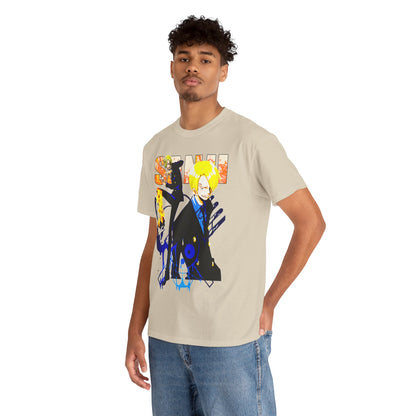 Stylish anime-inspired t-shirt featuring a vibrant design of iconic characters, perfect for anime fashion enthusiasts.