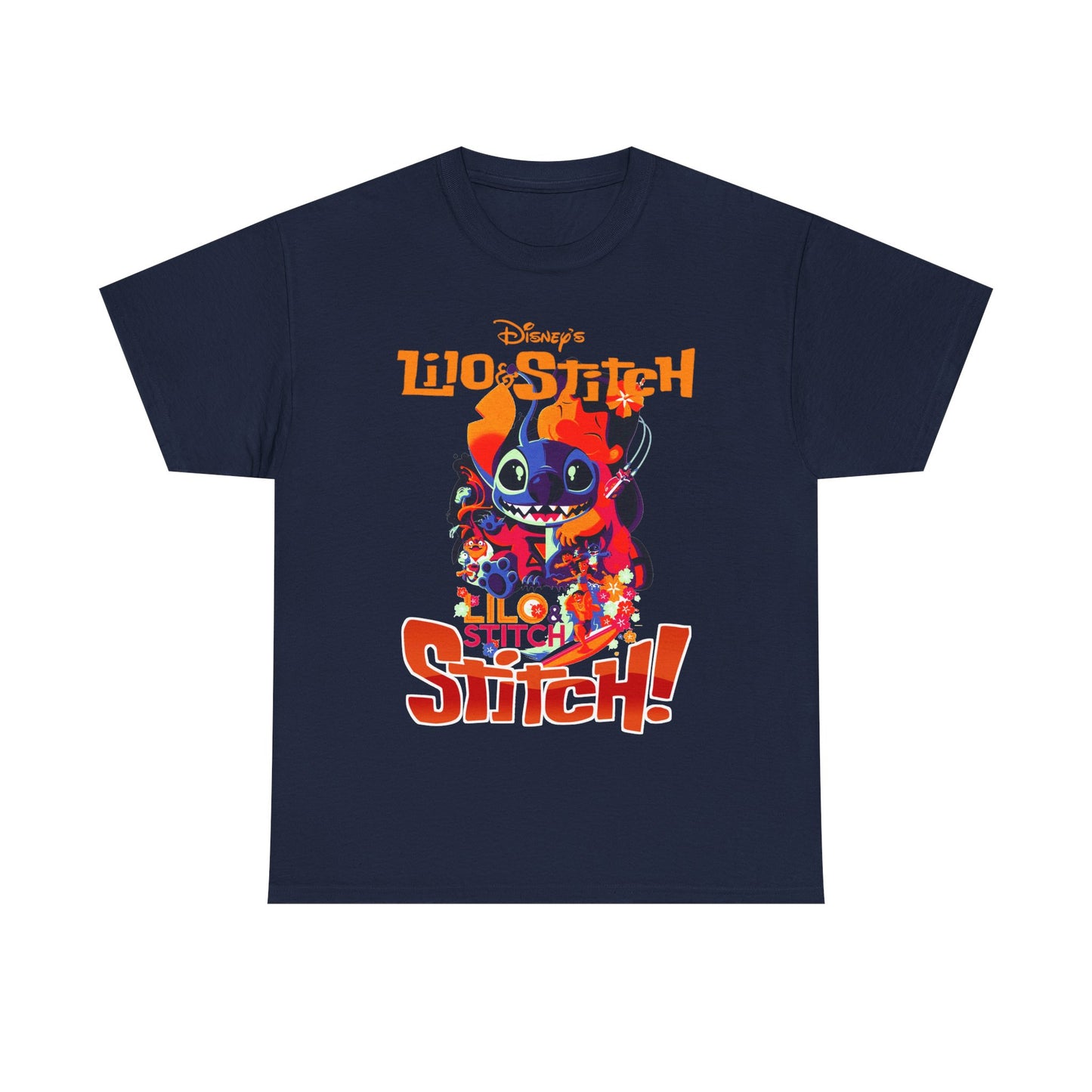 Luxurious Lilo & Stitch graphic t-shirt in navy, featuring vibrant artwork of Stitch surrounded by tropical hibiscus flowers and bold typography. Ideal for Disney fans seeking stylish nostalgia.