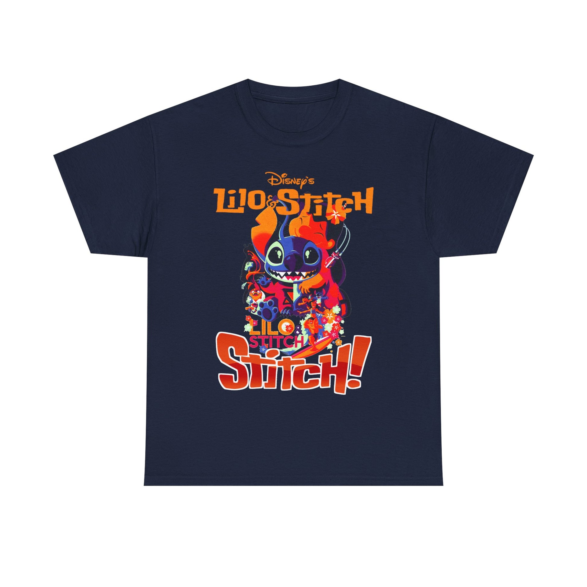 Luxurious Lilo & Stitch graphic t-shirt in navy, featuring vibrant artwork of Stitch surrounded by tropical hibiscus flowers and bold typography. Ideal for Disney fans seeking stylish nostalgia.
