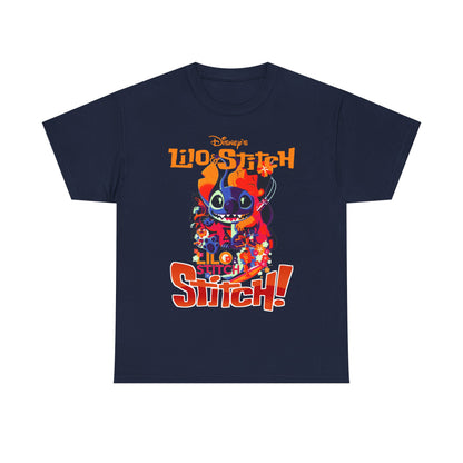 Luxurious Lilo & Stitch graphic t-shirt in navy, featuring vibrant artwork of Stitch surrounded by tropical hibiscus flowers and bold typography. Ideal for Disney fans seeking stylish nostalgia.