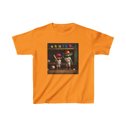 Kids Cute Alien Heavy Cotton T-Shirt in vibrant orange with charming alien figures, designed for stylish young learners.