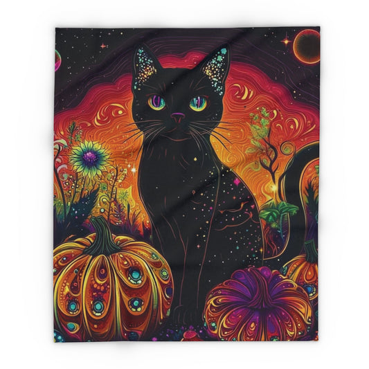 Luxurious Decorative and Warm Halloween Spooky Arctic Fleece Blanket showcasing an artistic black cat amidst brilliantly coloured pumpkins, ideal for creating a festive atmosphere this Halloween.