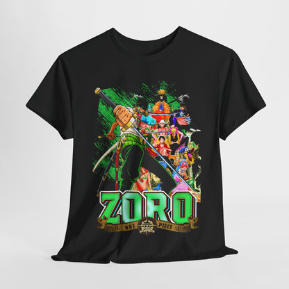 Luxury men's black anime graphic T-shirt featuring a vivid illustration of Zoro from One Piece, showcasing dynamic characters and vibrant colours, perfect for urban streetwear styling.