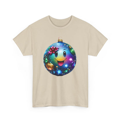 Front view of the Festive Cheer Christmas Bauble Unisex Cotton T-Shirt Graphic Tee in beige, featuring a vibrant Christmas bauble design with a cheerful character.