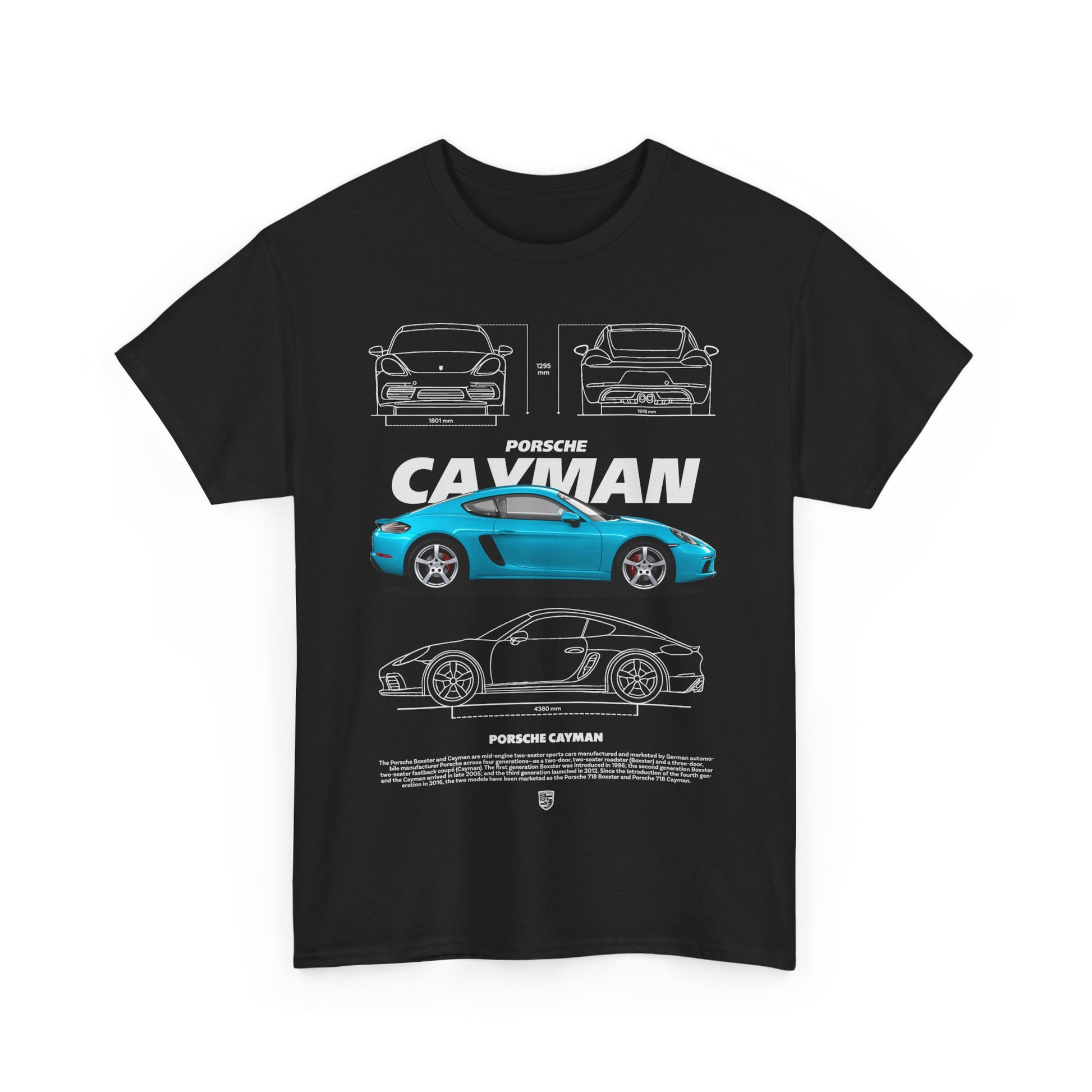 Luxurious black t-shirt featuring a stylish Porsche Cayman graphic design, showcasing intricate car illustrations and dimensions in vibrant teal-blue and bold black on a premium fabric.