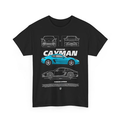Luxurious black t-shirt featuring a stylish Porsche Cayman graphic design, showcasing intricate car illustrations and dimensions in vibrant teal-blue and bold black on a premium fabric.