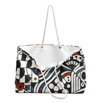 Andrea Bellecci Weekender Bag featuring a modern design with checkerboard motifs, displayed with a vibrant white canvas background, ideal for stylish travel.