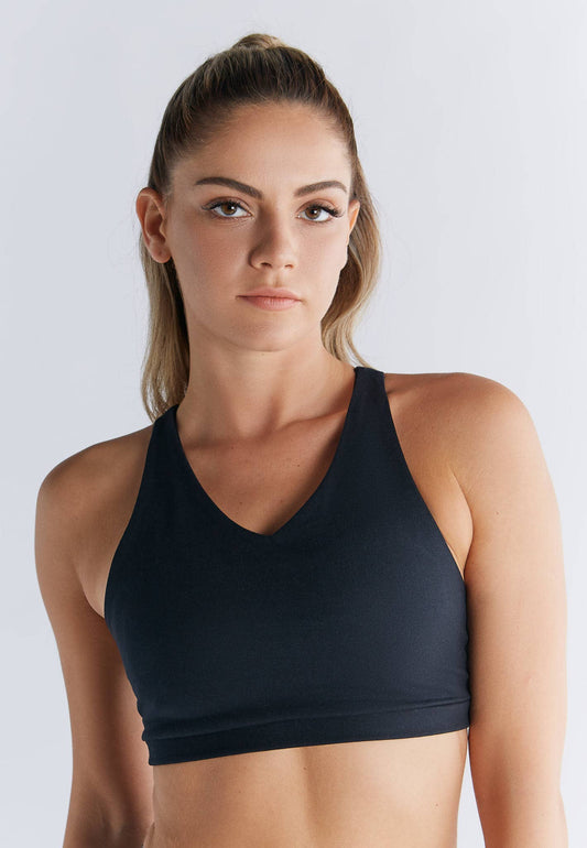 Elegant recycled elastane sports bra with padded V-neck style, ideal for active lifestyles and daily wear, crafted from luxurious materials.